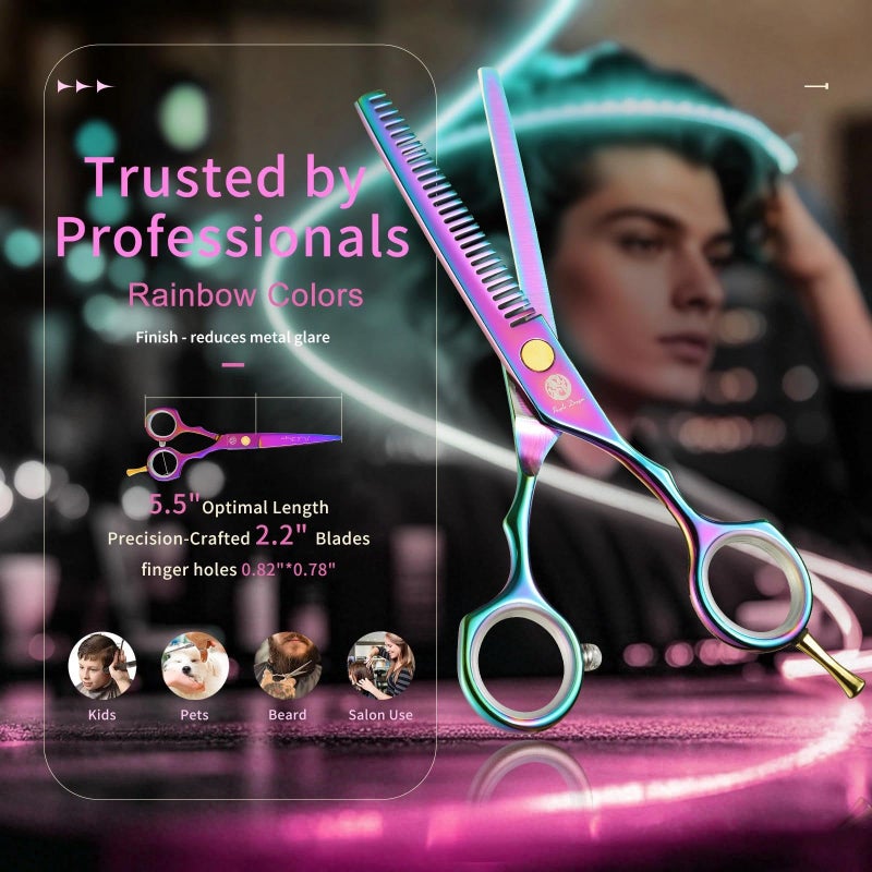 Purple Dragon 5.5 inch Hair Cutting Scissors Set with Razor, Leather Scissors Case, Barber Hair Cutting Shears Hair Thinning/Texturizing Shears for Professional Hairdresser or Home Use (Multi-colored) - Image 2